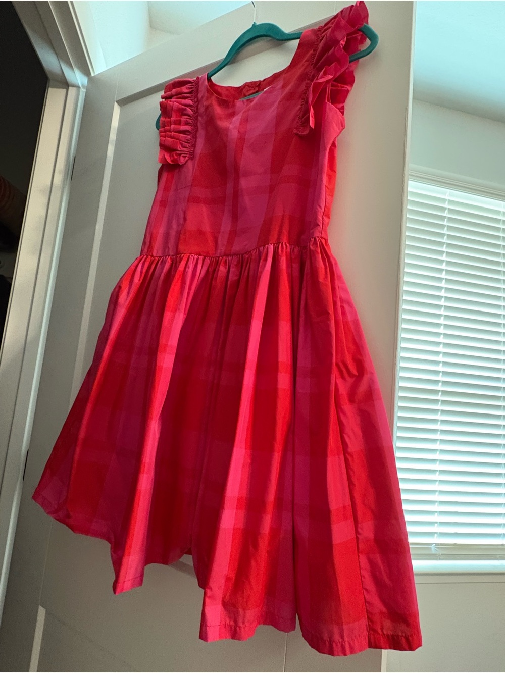Girls Cat & Jack Pink-Red Plaid Ruffle-Shoulder Dress